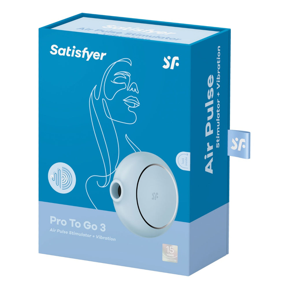 Blue Satisfyer Pro To Go 3 clitoral vibrator with Air Pulse technology, compact design, and ergonomic shape for targeted stimulation.