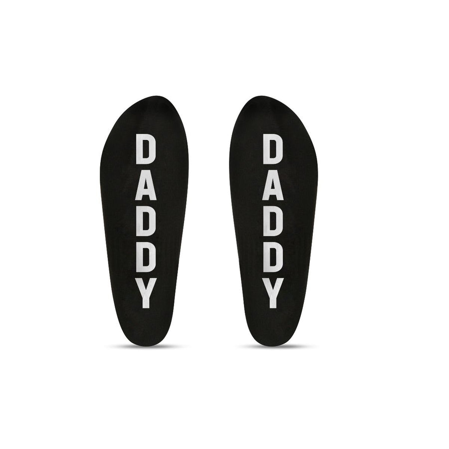 Black printed ankle socks by Prowler RED featuring the "Daddy" slogan for men's fashion.