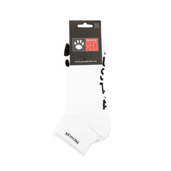 Men's Prowler RED cotton ankle socks featuring a bold statement slogan and a distressed hole design.
