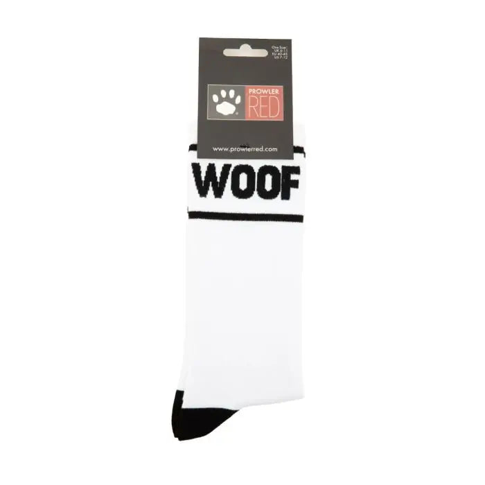Black and white men's crew socks with "WOOF" slogan and printed design from Prowler RED, casual and comfortable footwear.