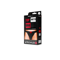 Black men's Prowler RED Switch Interchangeable Patch Slogan Jock Strap with adjustable waistband and supportive fit.