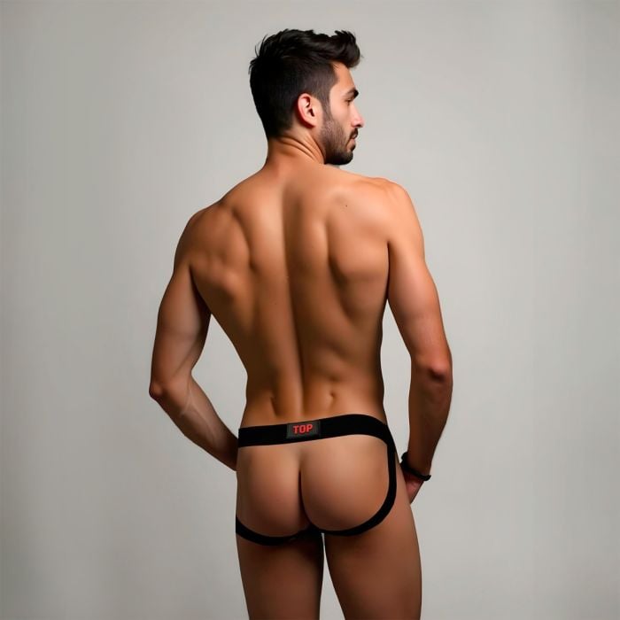 Black Prowler RED men's jock strap with interchangeable patch and slogan, designed for support and comfort during athletic activities.