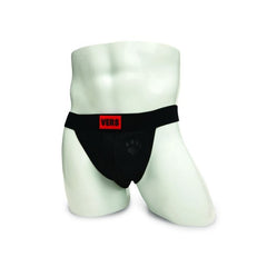 Black Prowler RED men's jock strap with interchangeable patch and slogan, designed for support and comfort.