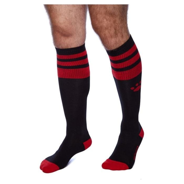 Men's Prowler RED football sock in black and red, featuring athletic design and comfortable fit, ideal for sports and active wear.