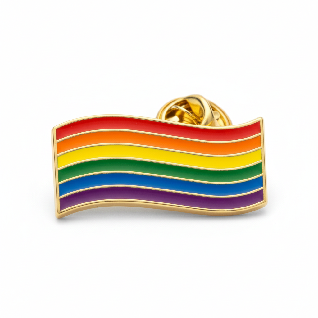 Colorful rainbow pride enamel pin by Scandals featuring a vibrant rainbow flag design.