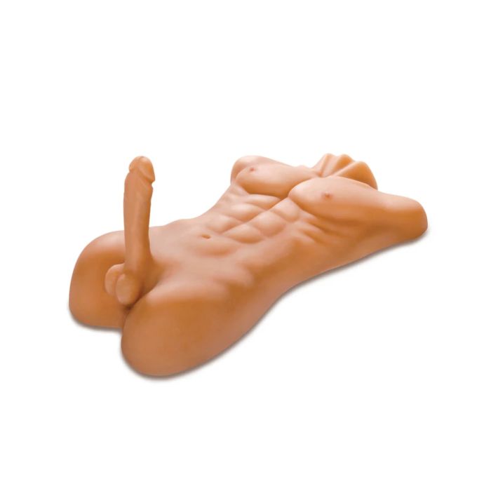 Realistic male torso mega masturbator featuring detailed abdominal muscles and a lifelike phallus, designed for enhanced pleasurable experiences.