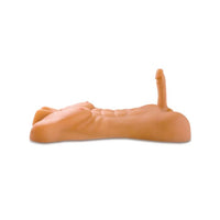 Side view of a realistic male masturbation device, showcasing defined muscles and a lifelike phallus, crafted for an indulgent experience.