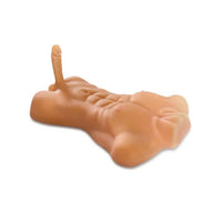 Angled view of a lifelike male masturbator torso, with prominent muscles and a carefully crafted phallus, aimed at providing luxurious pleasure.