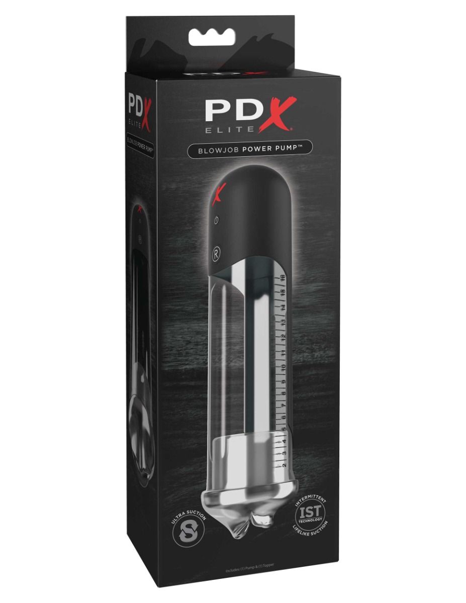 Pipedream PDX Elite Blowjob Power Pump automatic penis pump in clear and black