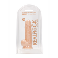RealRock Ultra Dual Density Silicone Dildo Flesh 8.5 Inch with suction cup base displayed against a luxurious background.