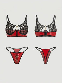 Red Sexy Patent Faux Leather Mesh Zippered Bra Set - Bold Elegance with Daring Reveal