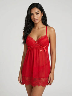 Sexy Eyelash Lace Mesh Cross Straps Push Up Nightdress