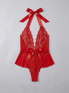 Halter Teddy V Neckline Ruffle With Ribbon Belt – Red, Black & Blue