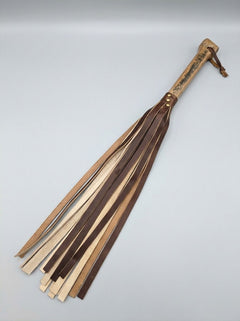 Heavyweight BDSM flogger from Barrel of Pain with whisky barrel oak handle and sturdy leather tails for kink play.