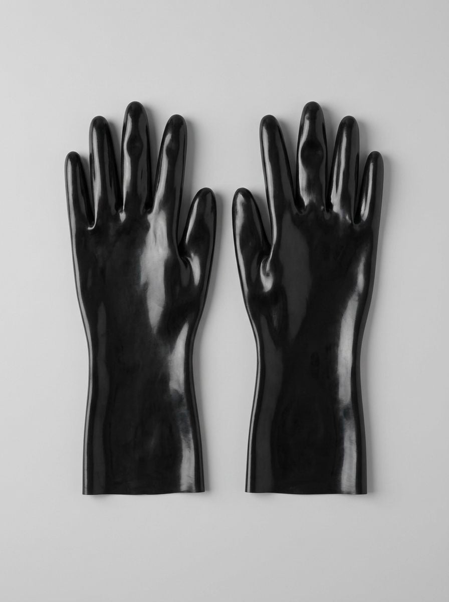 Late X Black Premium Latex Short Statement Gloves showing fitted black latex gloves with a sleek design and textured surface.