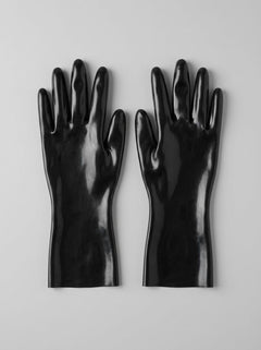 Close-up view of Late X Black Latex Short Gloves showcasing the sleek dipped finish and anatomical design, embodying premium luxury in latex short gloves.