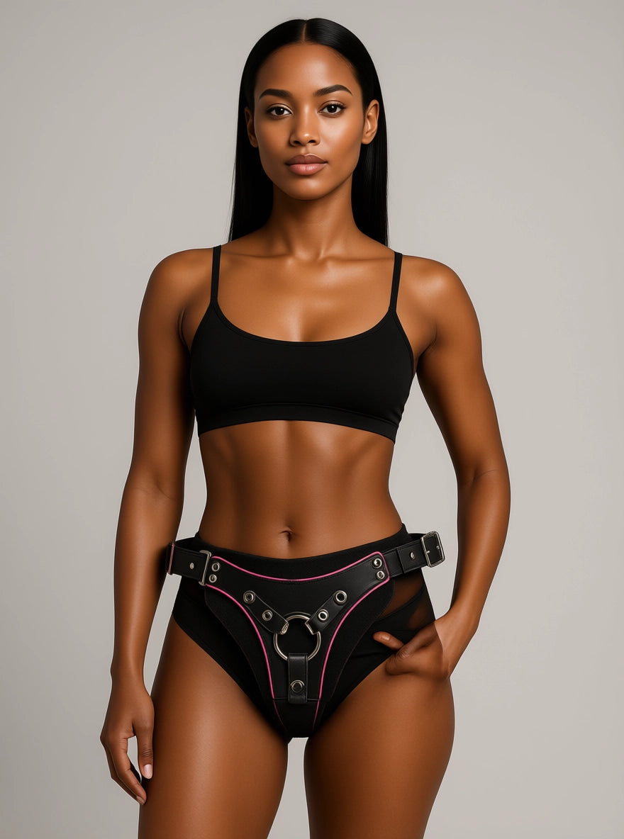 Strap U Flamingo Black & Pink Faux Leather Low Rise Strap On Harness