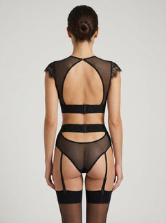 Black Sexy High Waist Elegant Embroidery Bra And Garter Panty Set