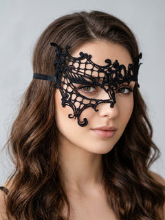 BLACK Lace Eye Mask with Asymmetrical Design & Ribbon Ties - One Size