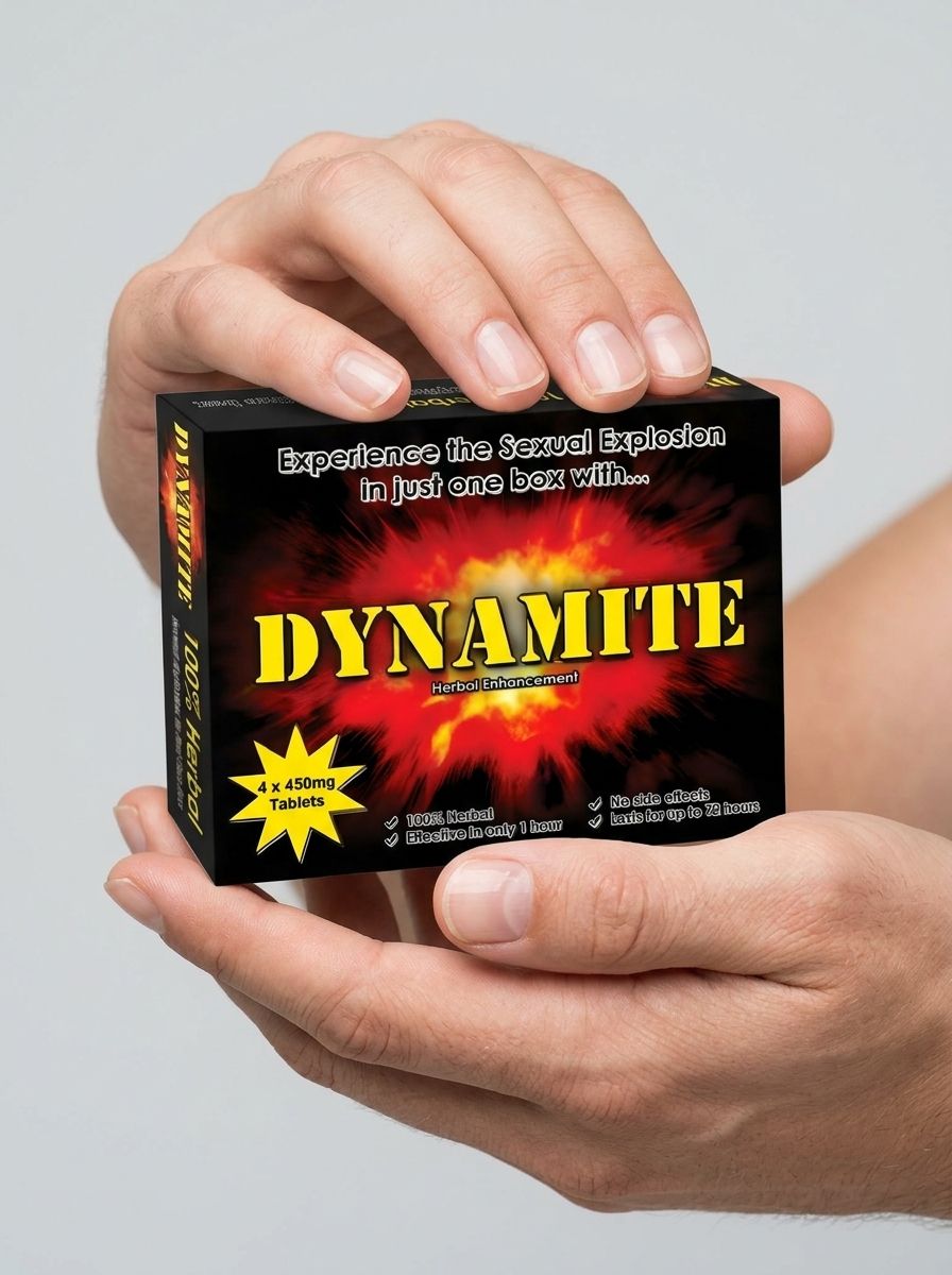 DVM Dynamite 100% Herbal Unisex Enhancement supplement bottle with label and capsules, designed for aphrodisiac and performance boost.