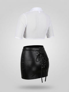 Elegant White Shirt And Black Faux Leather Skirt Secretary Costume For Bold Charm