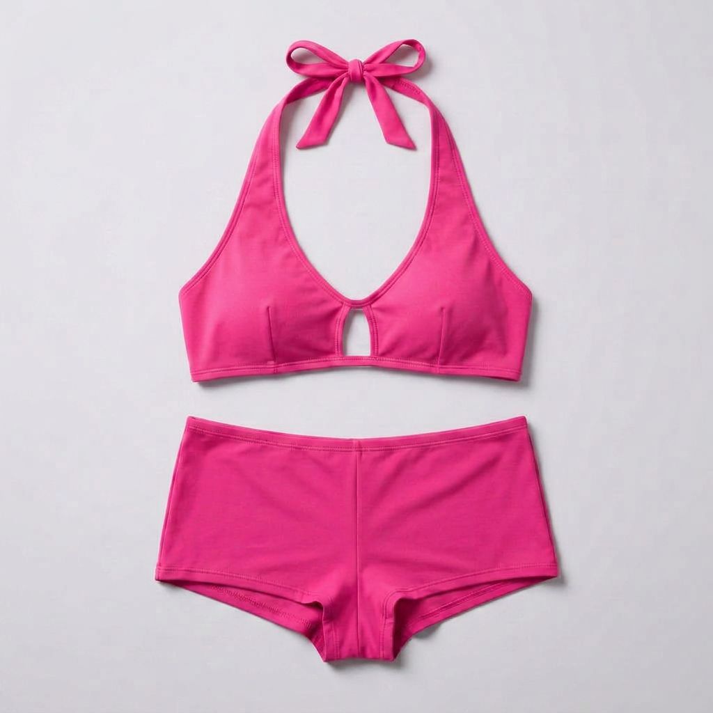 Plus size vibrant halterneck bralette and high-waisted shorts set by Foxxxy, in assorted colors, displayed on a model.