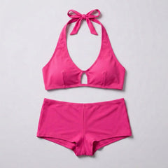 Plus Size. Vibrant Halterneck Bralette & High-Waisted Shorts Set – Assorted Colours