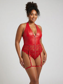 Sexy PU Leather Lace Zippered Halter Bodysuit
