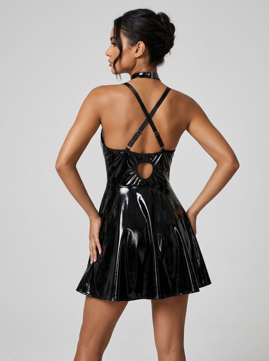 Sexy deep V-neck wet look faux leather suspender nightdress from Scandals Lingerie, featuring a form-fitting, shiny dress with suspenders.