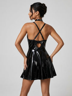 Sexy Deep V-Neck Wet Look Faux Leather Suspender Nightdress