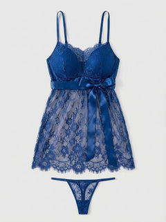 Blue Eyelash Lace Push-Up Suspender Nightdress