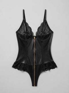 Scandals Sexy Lace Leather Stitching Zipper Teddy