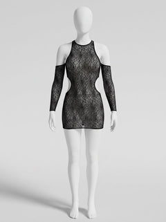 Long Sleeve Cold Shoulder Mesh Chemise Dress