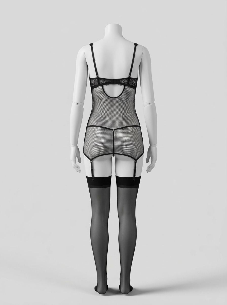 Rene Rofe Deconstruct Me fishnet and lace chemise set, black with intricate lace details and sheer fishnet fabric.