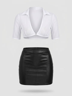 Elegant White Shirt And Black Faux Leather Skirt Secretary Costume For Bold Charm