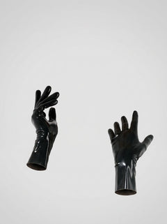 Late X Black Latex Short Gloves displayed against a minimalist background, illustrating their glossy texture and elegant silhouette as a must-have accessory in luxury latex short gloves.