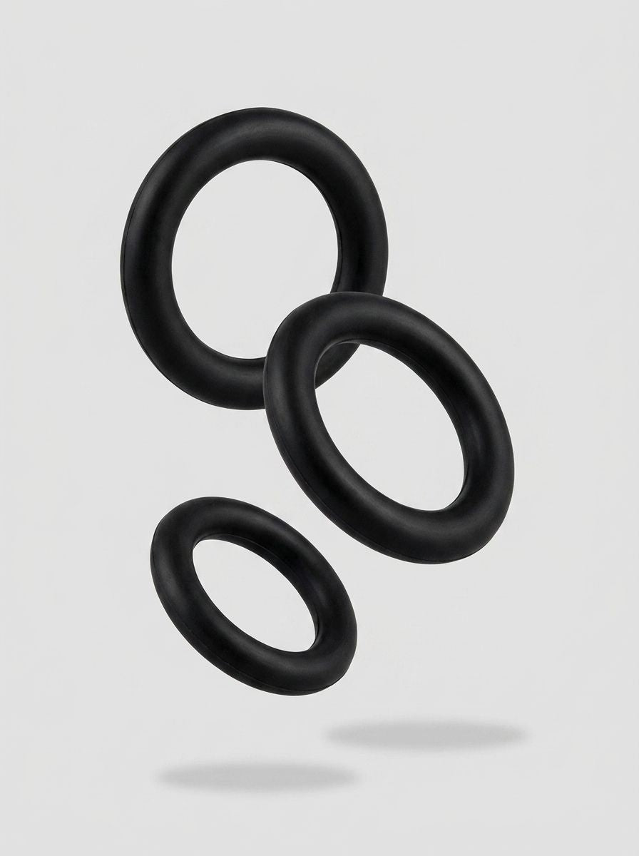Set of three thick, stretchy silicone cock rings from Loving Joy, designed for enhanced pleasure and secure fit.