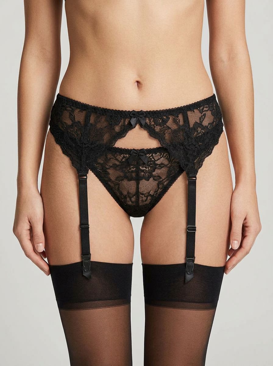 Luxurious Narrow Lace Suspender Belt in classic black, designed for elegance and allure, perfect for special occasions or everyday glamour.