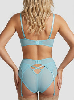 Blue Mesh Embossed Floral Bra Set with Garter Belt