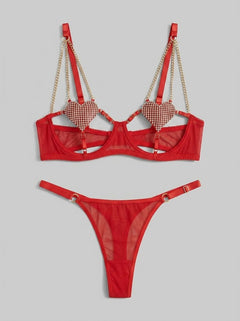 Luxury Red Sexy Mesh Heart Chain Bra Set with Elegant Detailing for Irresistible Confidence
