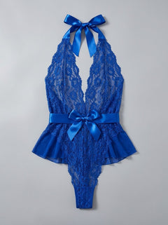 Halter Teddy V Neckline Ruffle With Ribbon Belt – Red, Black & Blue