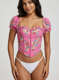 Pink Sexy Puff Sleeves Printed Palace Style Corset 8 Pieces Plastic Bones