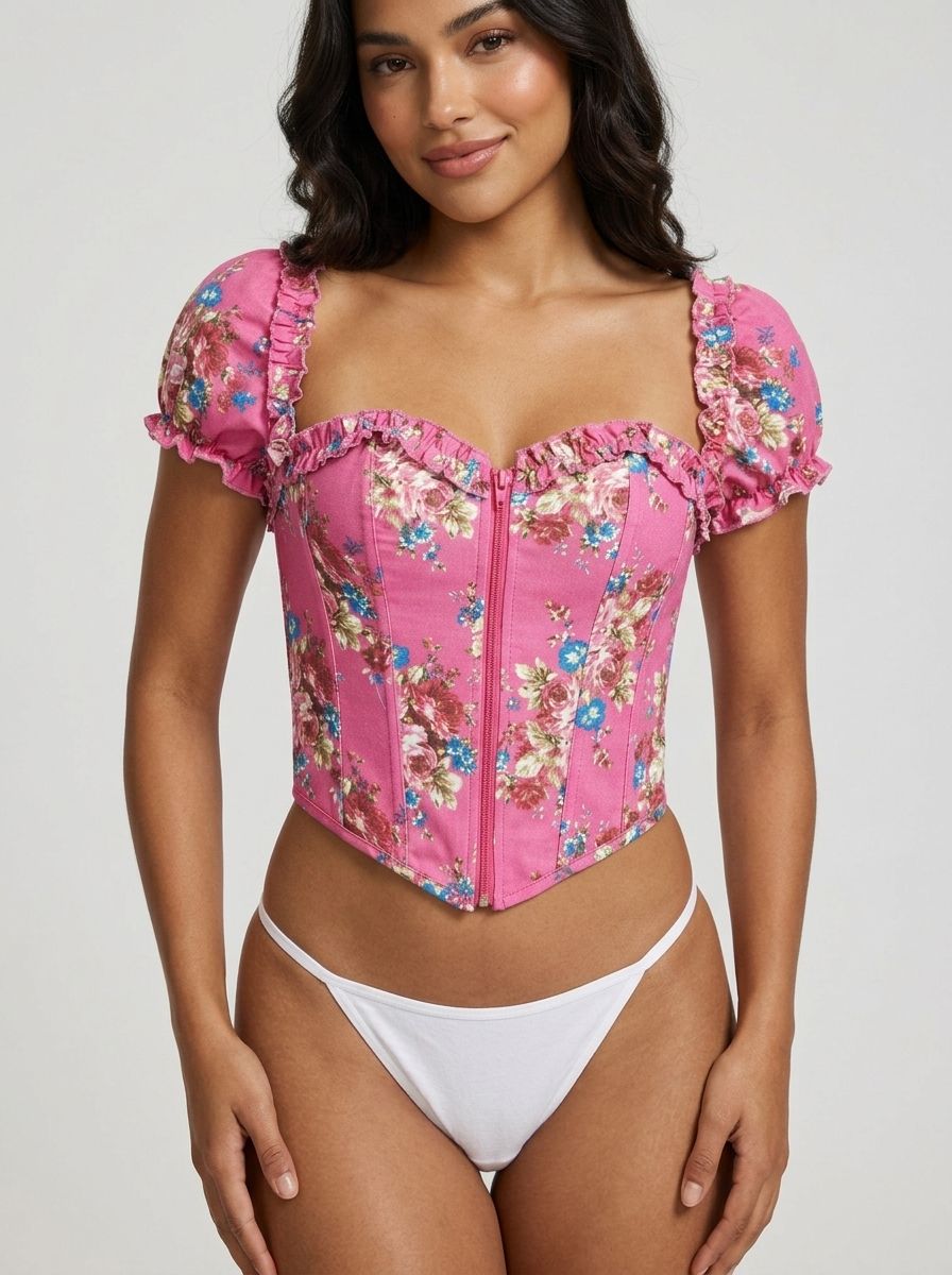Pink Sexy Puff Sleeves Printed Palace Style Corset 8 Pieces Plastic Bones