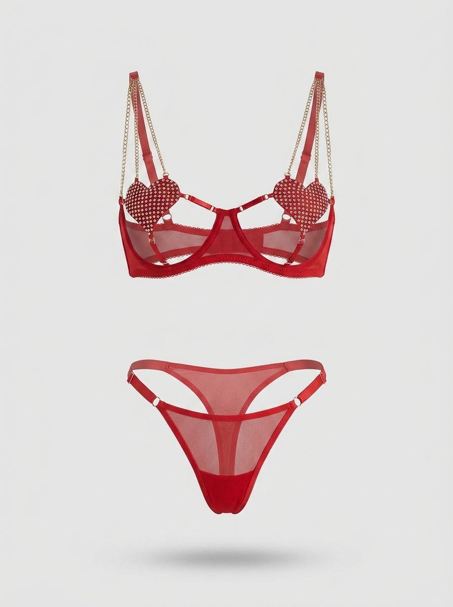 Luxury red mesh heart chain bra set by Scandals Lingerie featuring elegant detailing and sexy lingerie design.