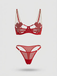 Luxury Red Sexy Mesh Heart Chain Bra Set with Elegant Detailing for Irresistible Confidence