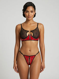 Red Sexy Patent Faux Leather Mesh Zippered Bra Set - Bold Elegance with Daring Reveal