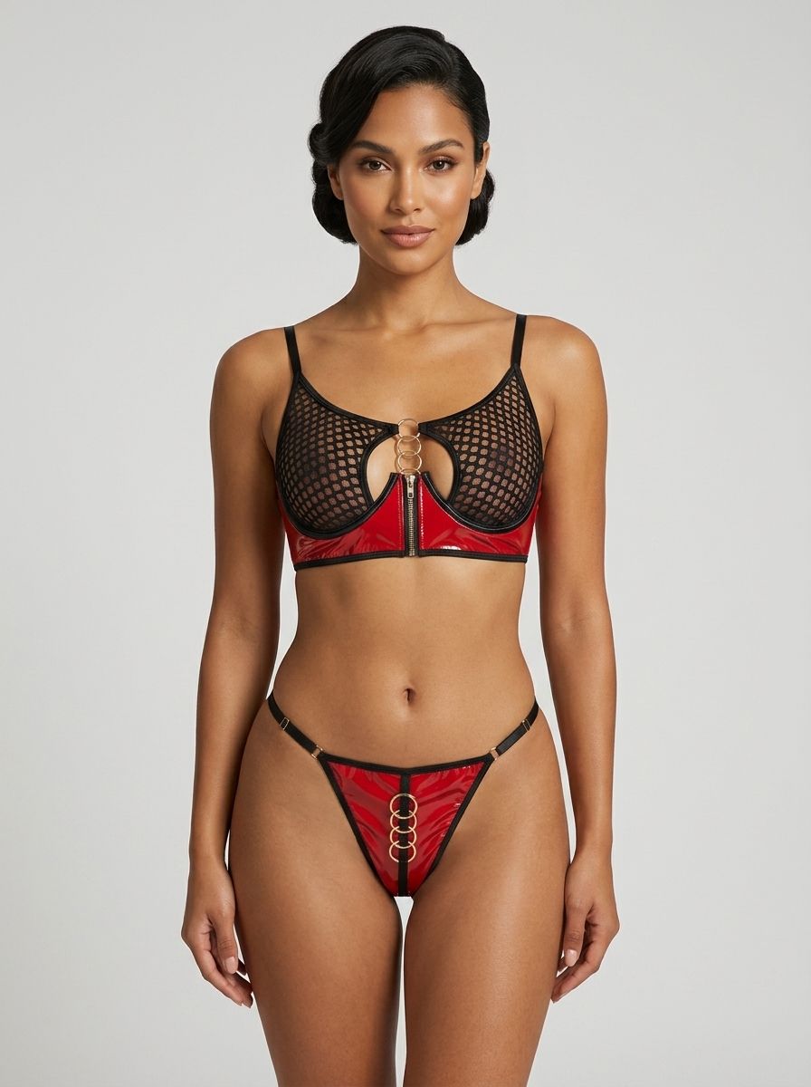 Red Sexy Patent Faux Leather Mesh Zippered Bra Set - Bold Elegance with Daring Reveal
