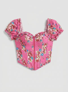 Pink Sexy Puff Sleeves Printed Palace Style Corset 8 Pieces Plastic Bones