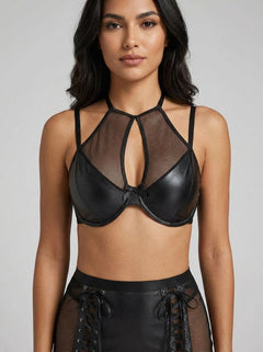 Black Faux PU Leather Mesh Garter Belt Sexy Halter Neck Lingerie Set - Edgy Sophistication & Sensual Elegance