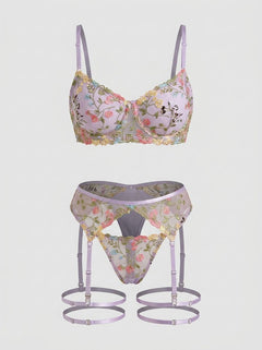 Sexy Mesh Embroidery Floral Lace Bra Set with Garter Leg Rings